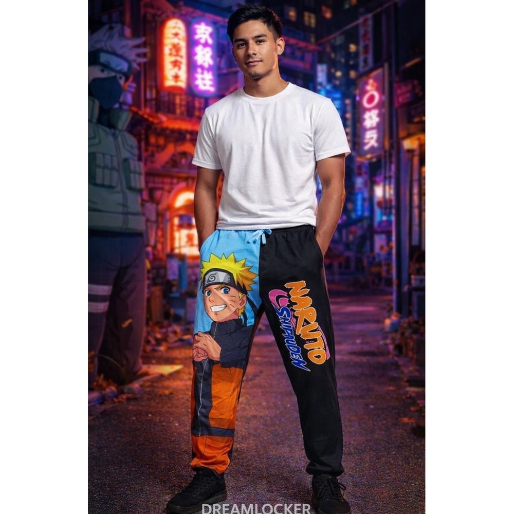 Naruto Shippuden Mens Medium Sleep Pants Split Leg Graphic Lounge Pajamas Black‎